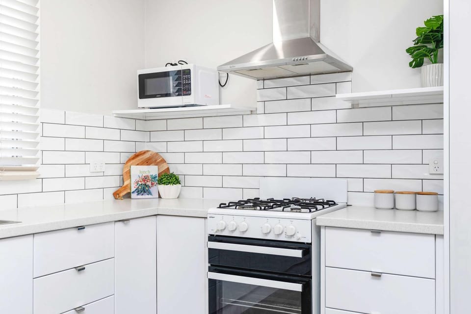 Kitchen or kitchenette, stove