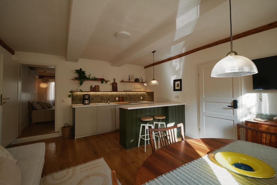 Kitchen or kitchenette, Living room, Seating area, Dining area, stove