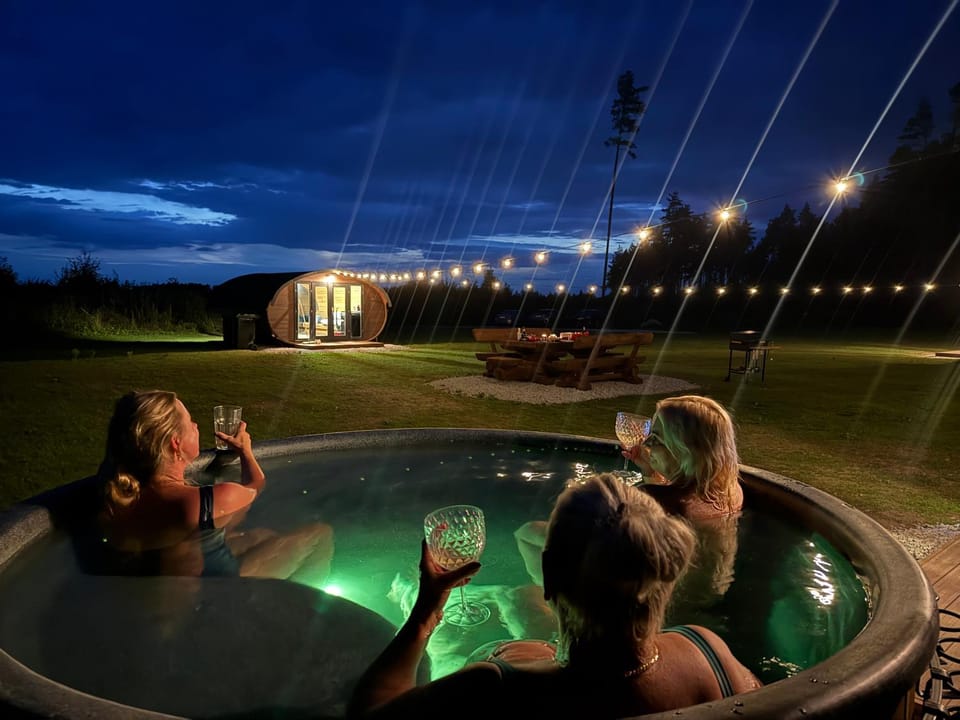 Patio, Night, People, Natural landscape, Hot Tub, group of guests
