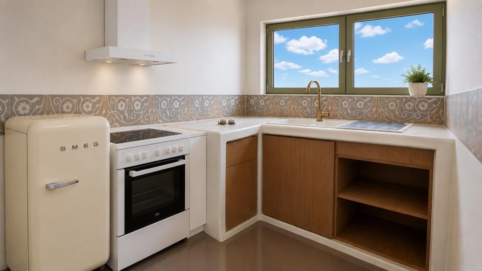 Kitchen or kitchenette, oven, stove, washing machine