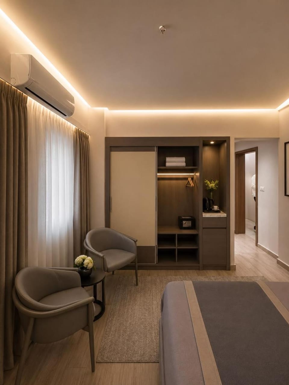 Seating area, wardrobe, air conditioner