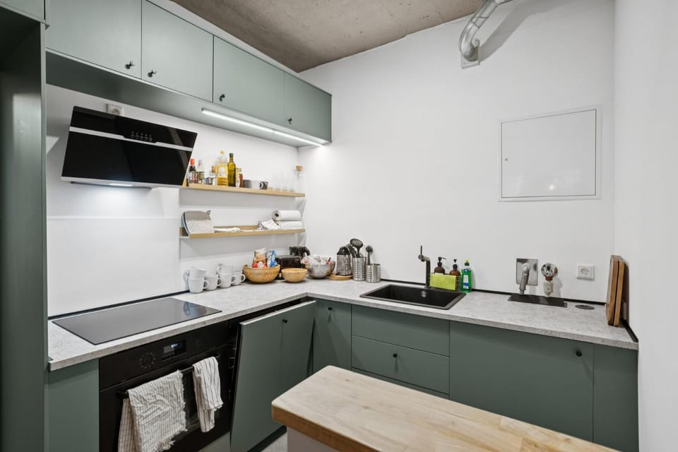 Kitchen or kitchenette, dishwasher, oven, stove, washing machine