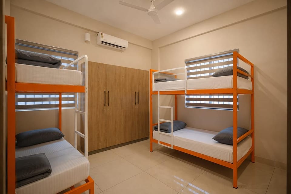 Bed, Photo of the whole room, bunk bed, wardrobe, air conditioner