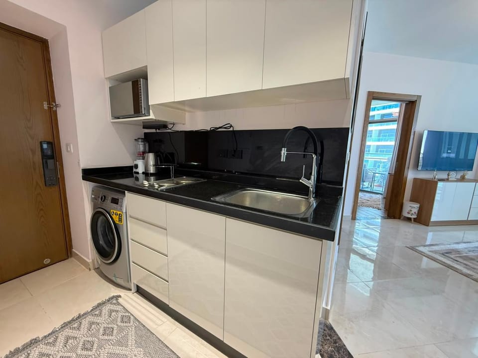Kitchen or kitchenette, stove, washing machine