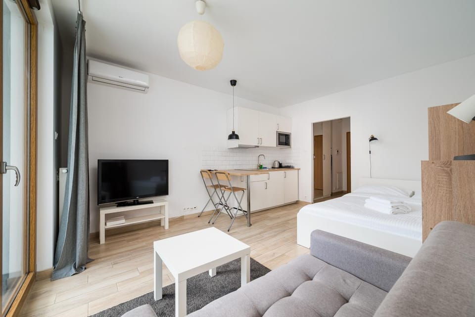 Communal lounge/ TV room, Bed, TV and multimedia, Kitchen or kitchenette, Living room, Photo of the whole room, Seating area, Dining area, Evening entertainment, Bedroom, air conditioner