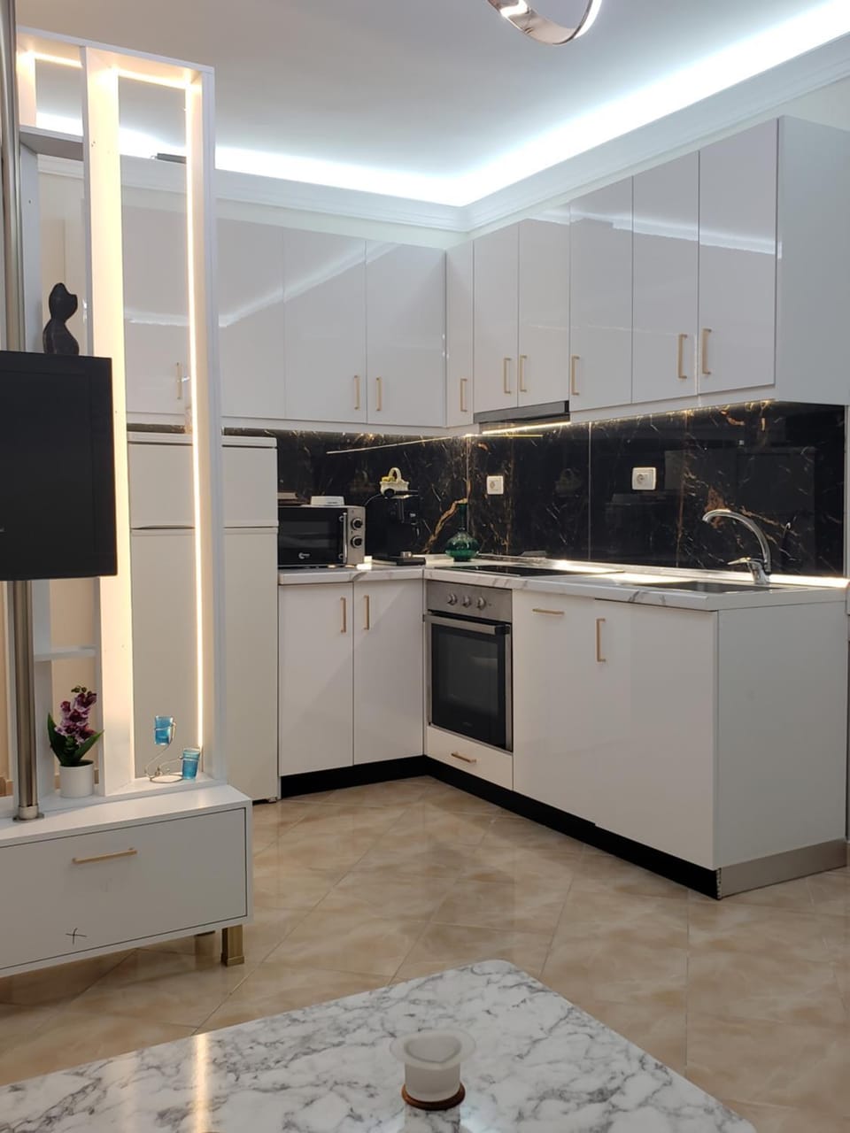 Kitchen or kitchenette, dishwasher, oven, stove