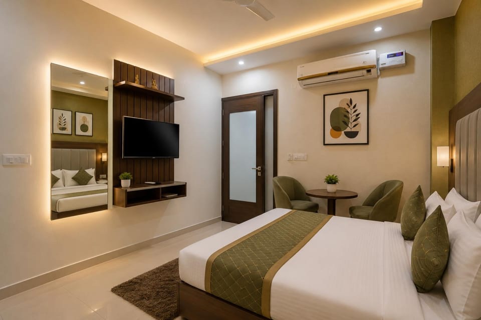 Bed, TV and multimedia, Kitchen or kitchenette, Living room, Photo of the whole room, Seating area, Bedroom, fireplace, air conditioner
