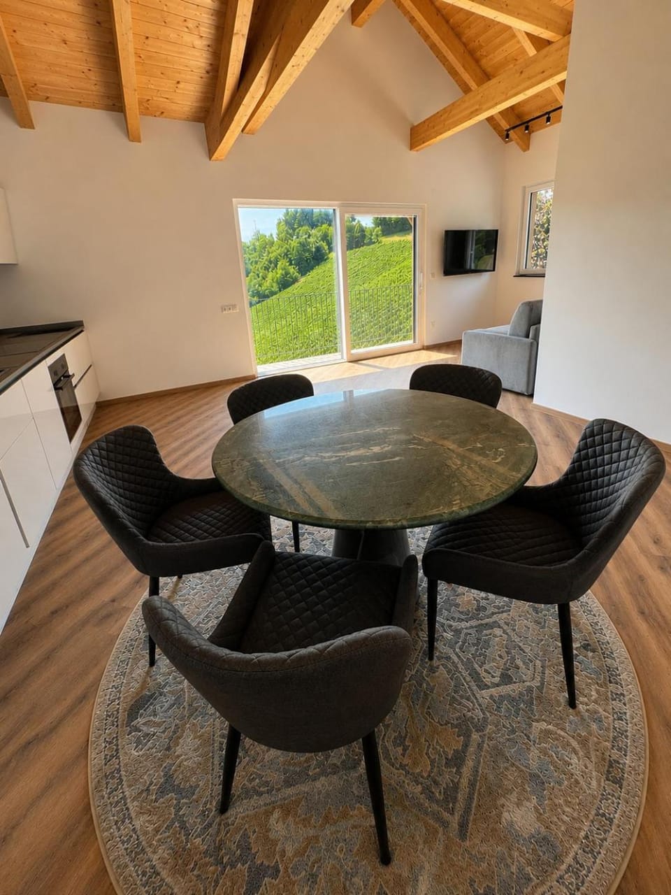 Kitchen or kitchenette, Living room, Seating area, Dining area