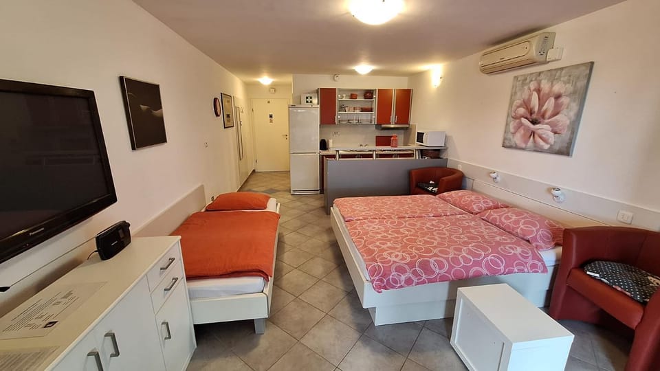 Bed, TV and multimedia, Living room, Seating area, Bedroom, kitchen