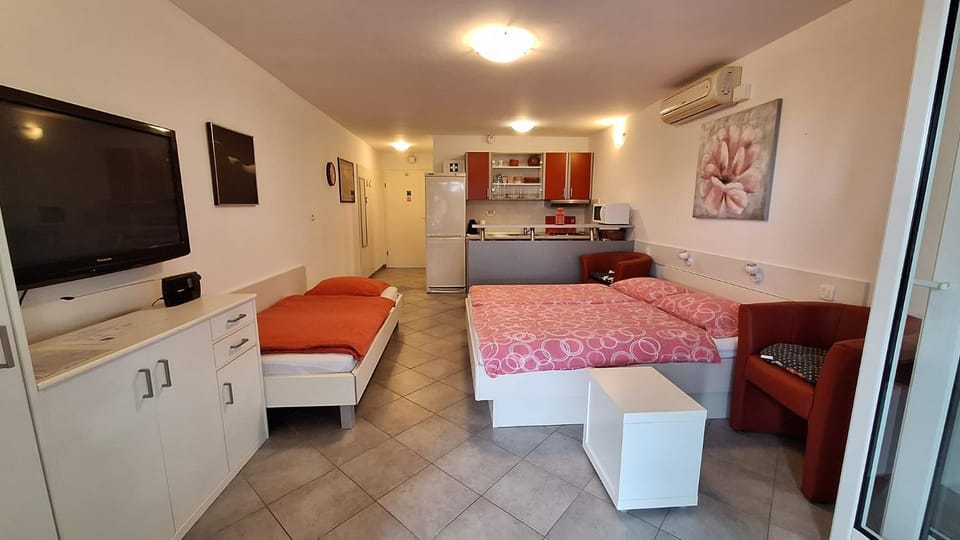 Bed, TV and multimedia, Living room, Seating area, Bedroom, kitchen