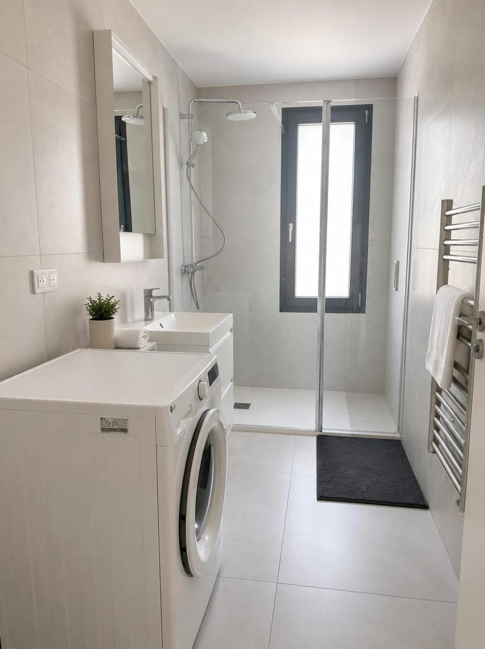Shower, Bathroom, towels, washing machine, dryer
