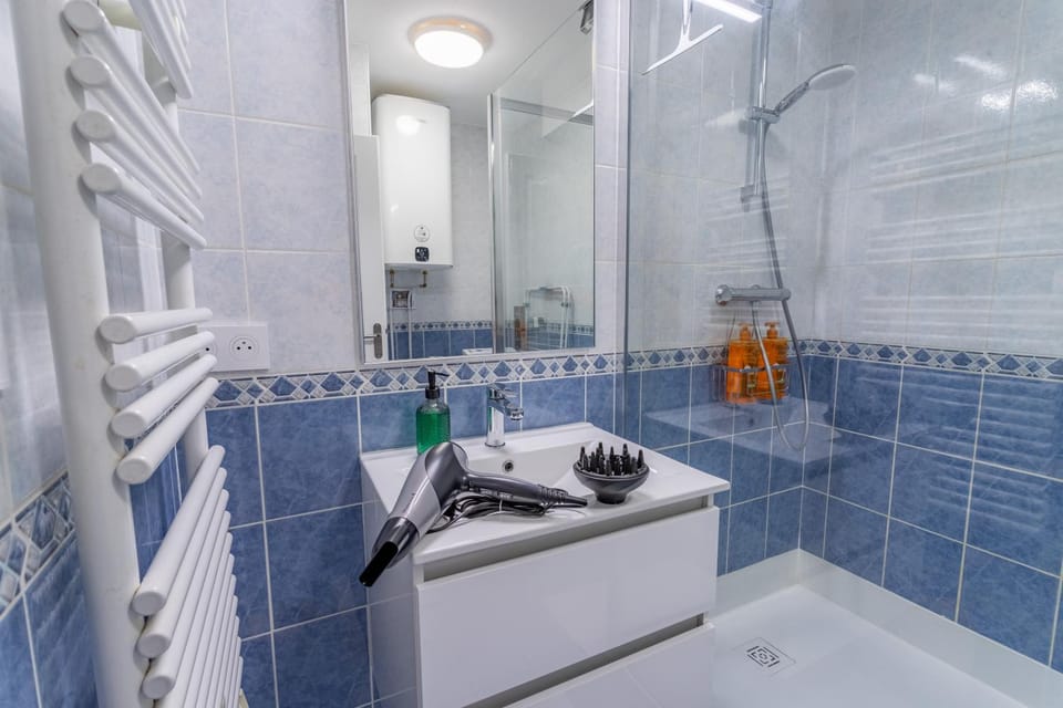 Shower, Toilet, Bathroom, flat iron, hair dryier, heating, towels, washing machine