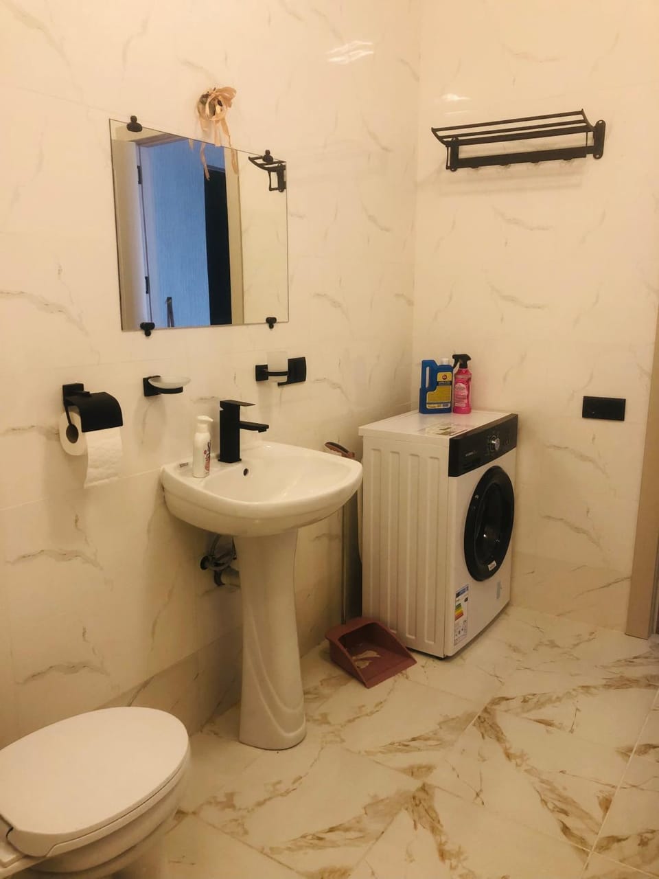 Toilet, towels, washing machine