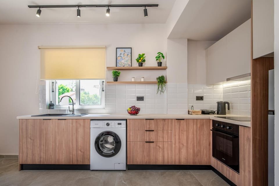 Kitchen or kitchenette, oven, stove, washing machine