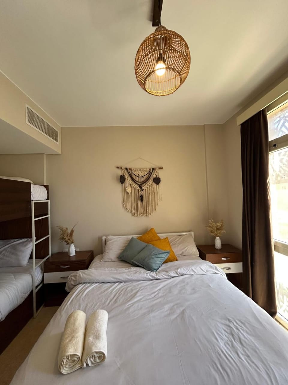 Bed, Photo of the whole room, Bedroom, towels, air conditioner