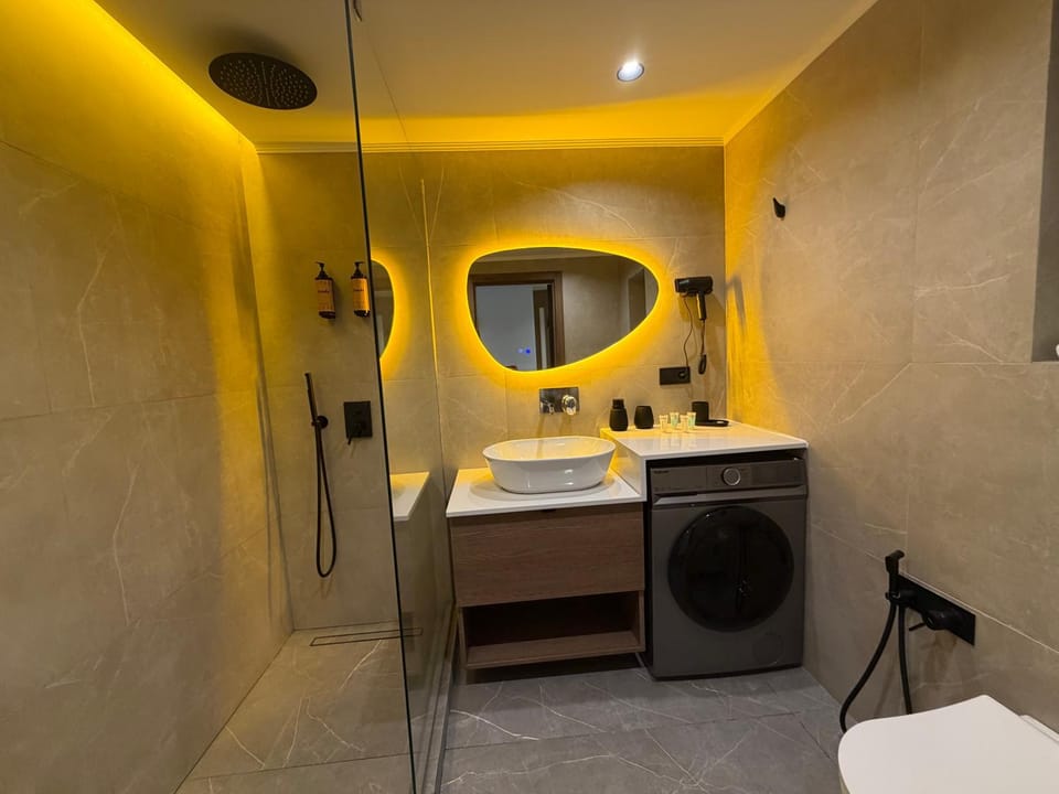 Bathroom, towels, washing machine