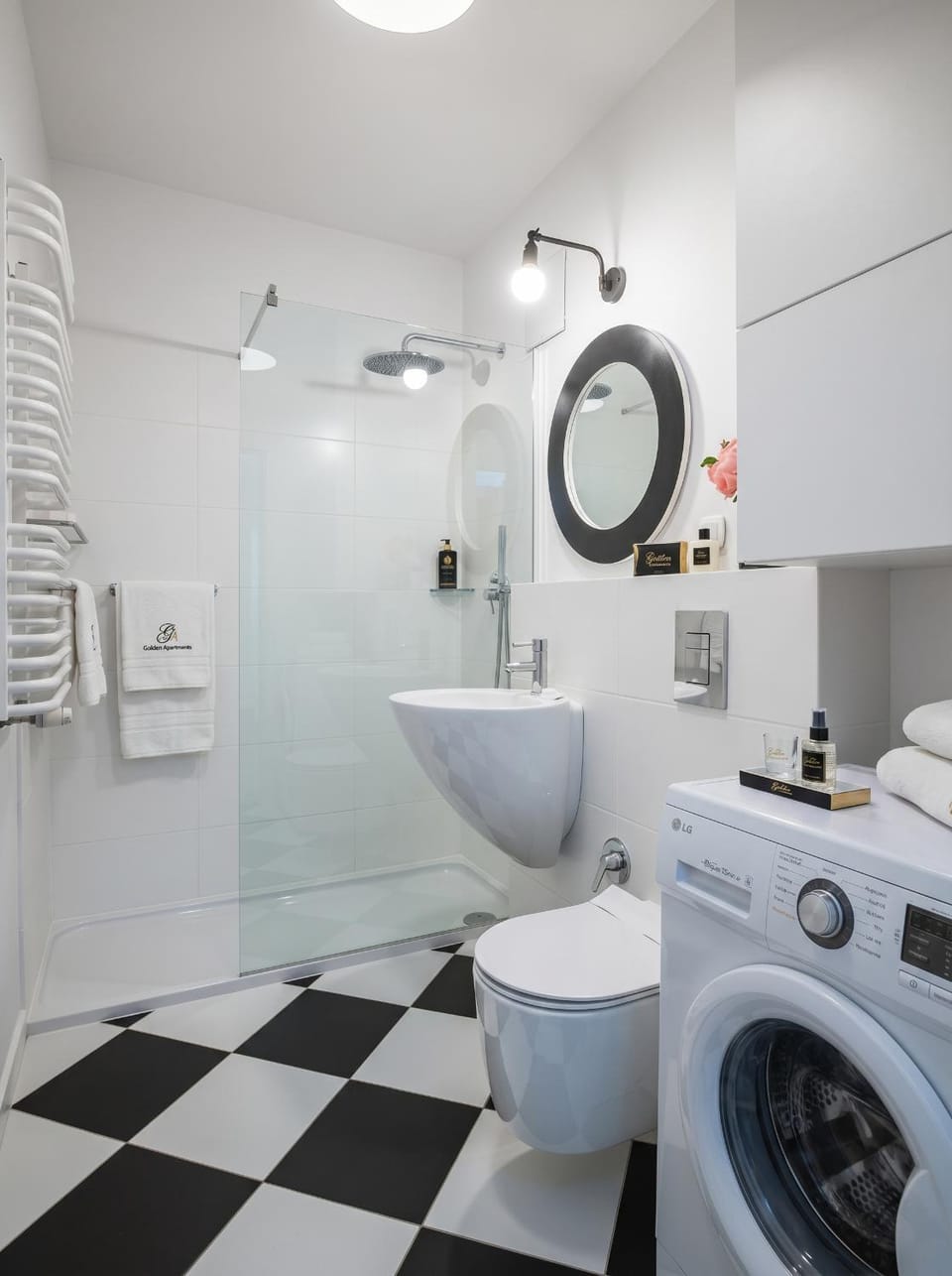 Shower, Toilet, Bathroom, towels, washing machine, dryer