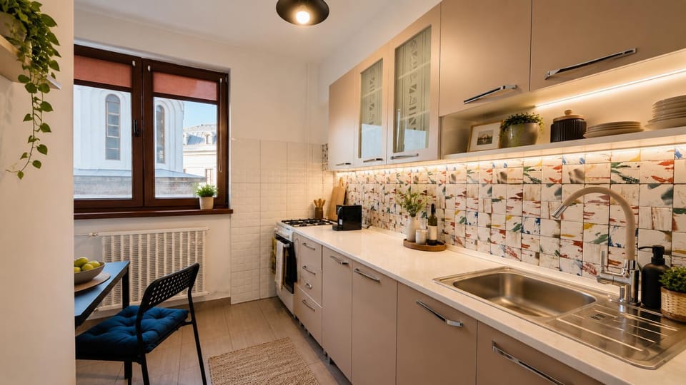 Kitchen or kitchenette, stove