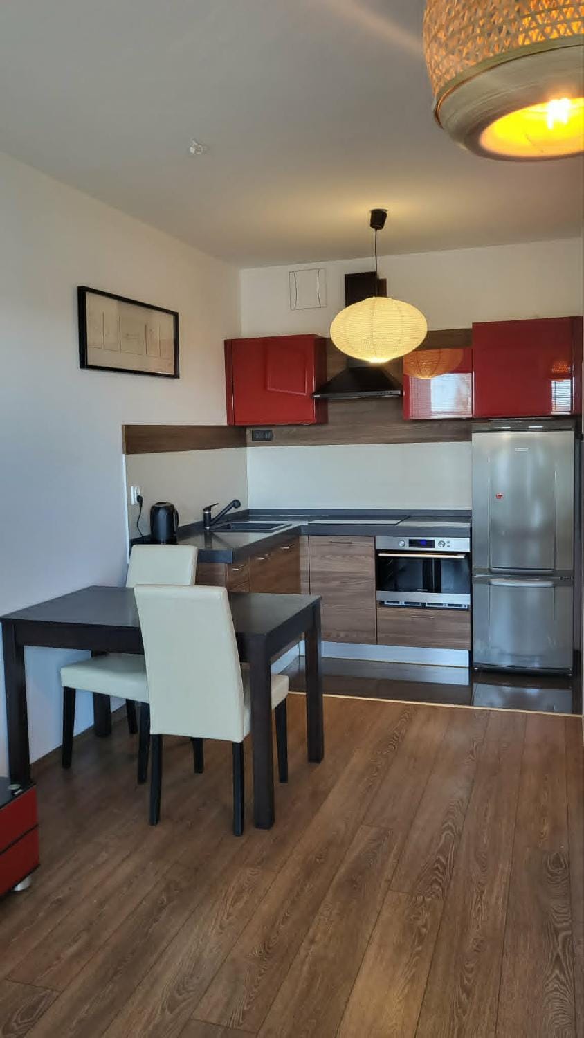 Kitchen or kitchenette, dishwasher, stove