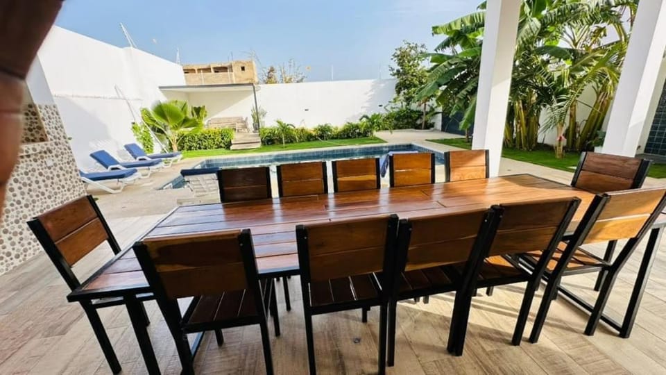 Patio, Dining area, Pool view