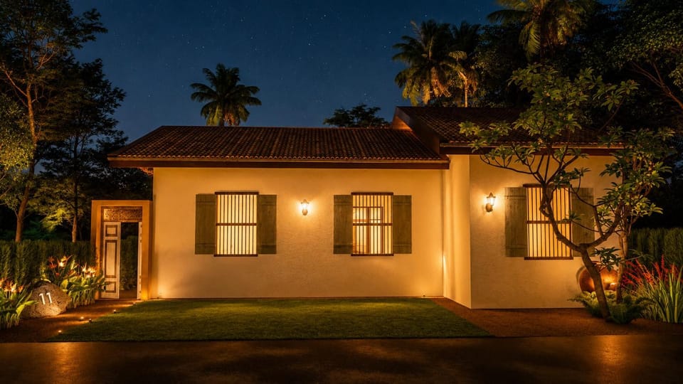 Property building, Night, Garden, Garden view