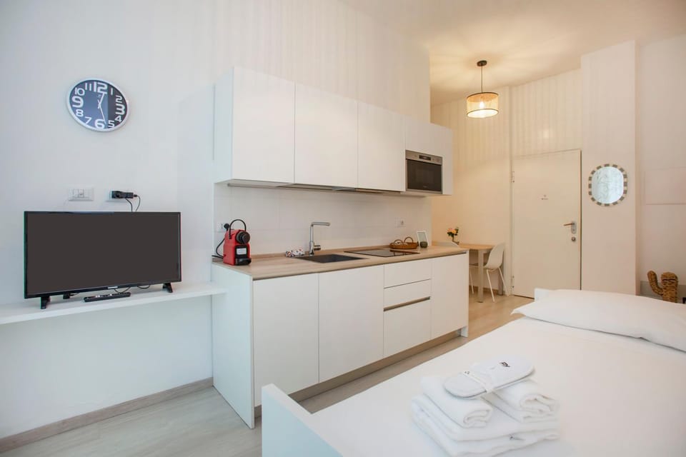 Bed, TV and multimedia, Kitchen or kitchenette, Photo of the whole room, Bedroom, stove, towels, wardrobe