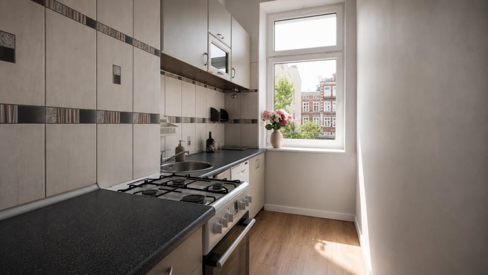 Kitchen or kitchenette, stove