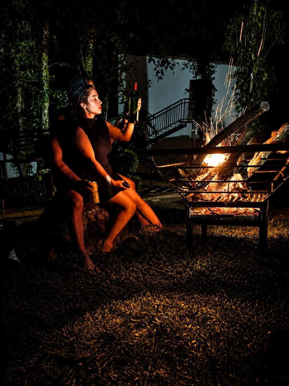 Night, BBQ facilities, group of guests, fireplace