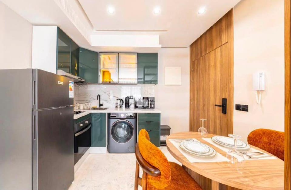Kitchen or kitchenette, Dining area, oven, stove, washing machine, kitchen