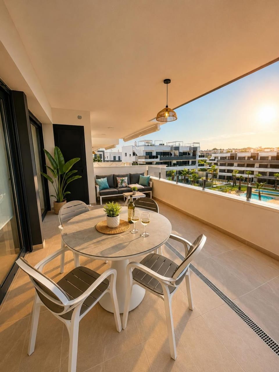 View (from property/room), Balcony/Terrace, Seating area, Dining area, Pool view, Swimming pool, Sunset