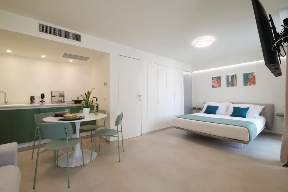 Bed, TV and multimedia, Kitchen or kitchenette, Living room, Photo of the whole room, Seating area, Dining area, Bedroom