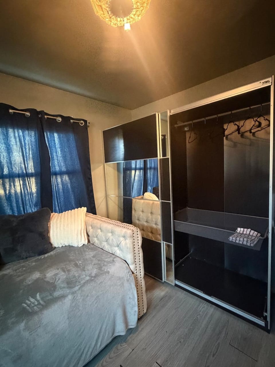 Bed, wardrobe