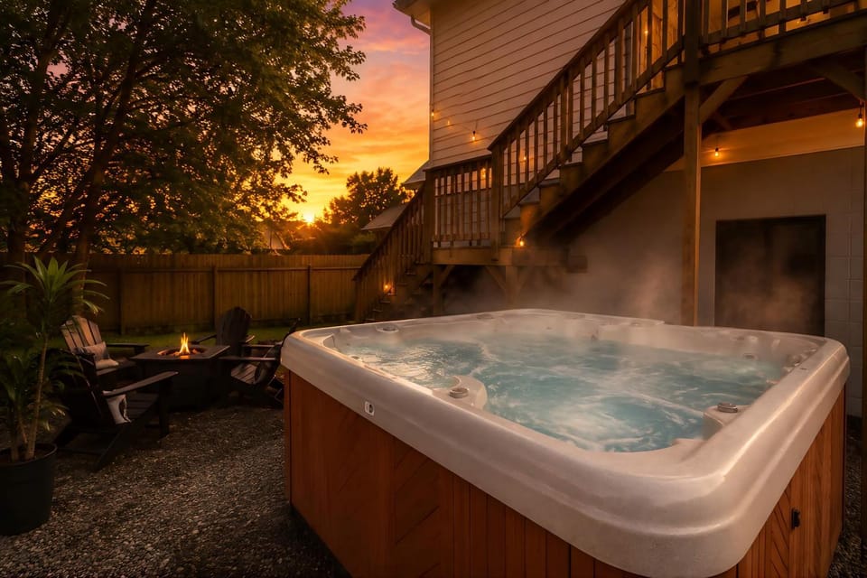 Patio, Garden, Hot Tub, Seating area, Sunset