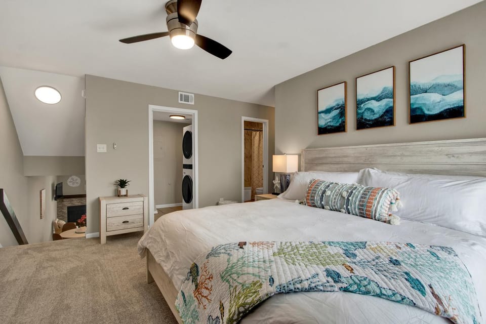 Bed, Bedroom, fireplace, furniture, washing machine, air conditioner