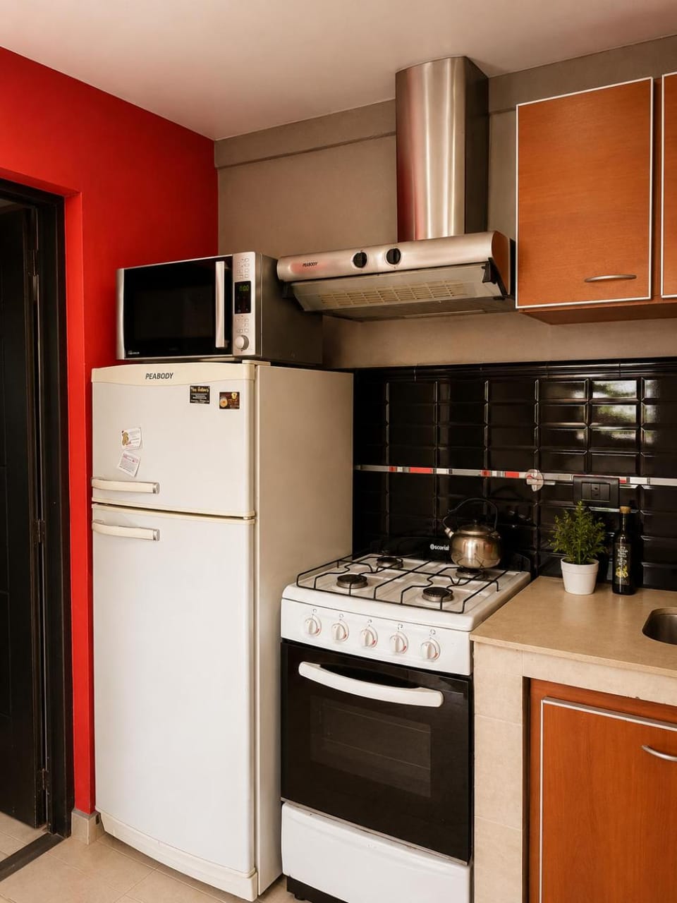Kitchen or kitchenette, microwave, oven, stove
