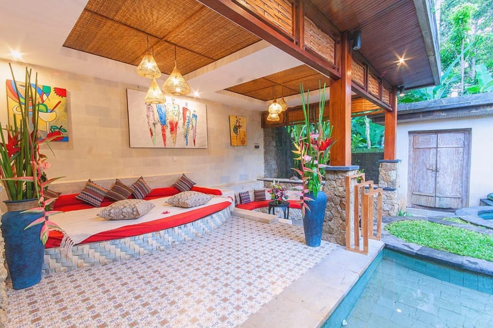 Living room, Seating area, Garden view, Pool view