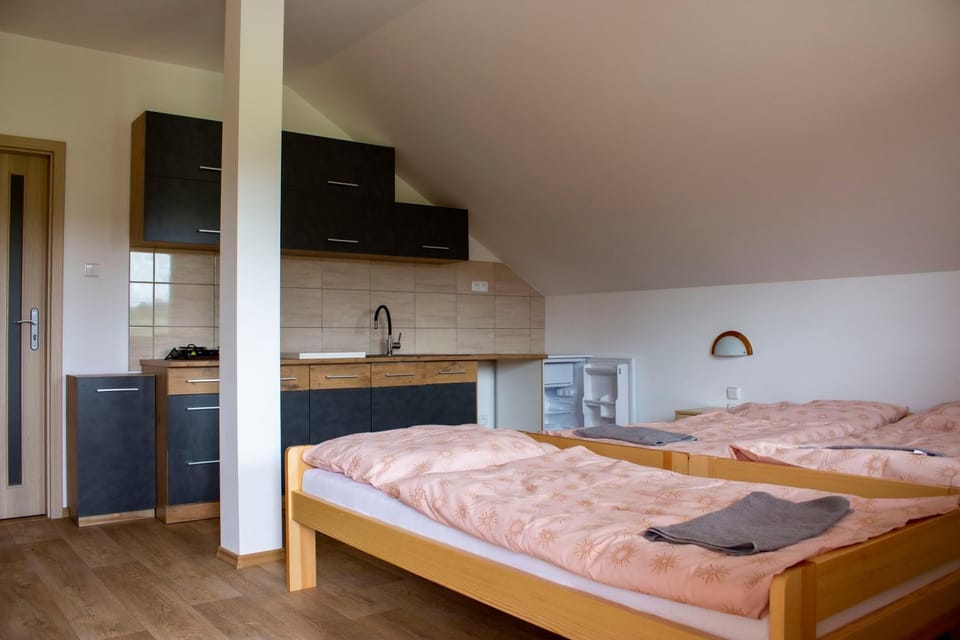 Bed, Kitchen or kitchenette, stove, towels