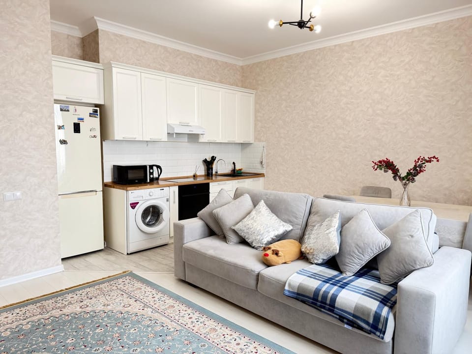 Kitchen or kitchenette, Living room, Seating area, minibar, oven, stove, washing machine