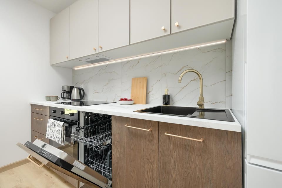 Kitchen or kitchenette, dishwasher, stove