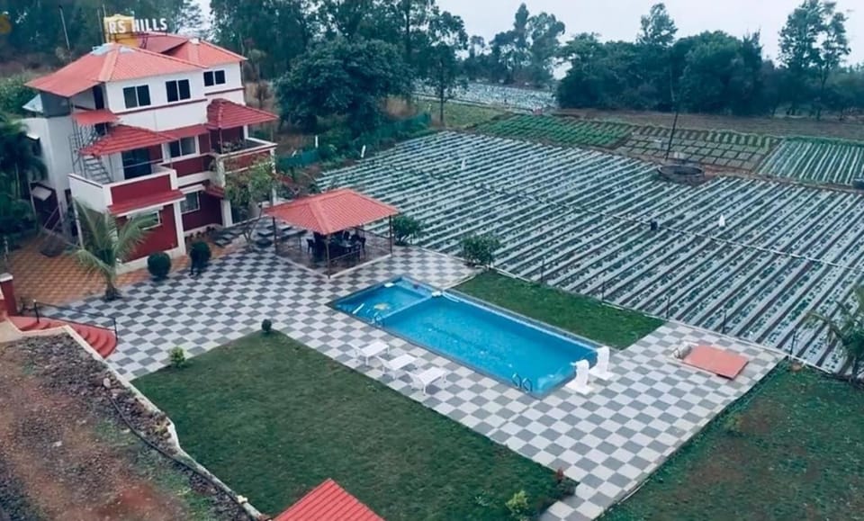 Property building, Spring, Day, Natural landscape, Bird's eye view, Garden, Garden view, Pool view, Swimming pool, sunbed