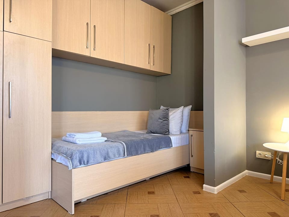 Bed, Photo of the whole room, Bedroom, towels, wardrobe, air conditioner