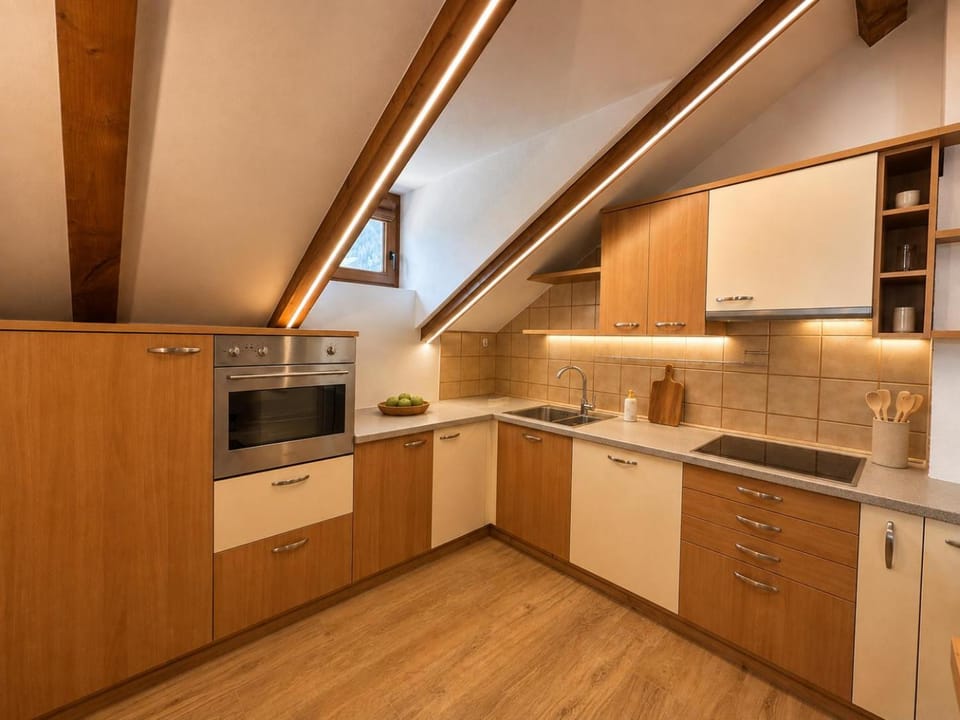 Kitchen or kitchenette, dishwasher, oven, stove