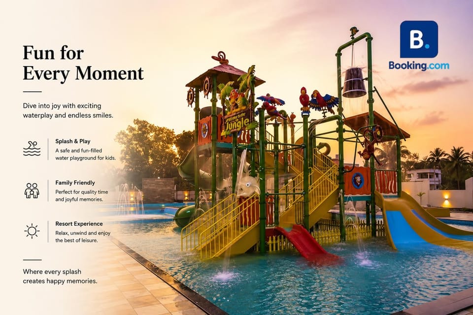Children play ground, Aqua park, Evening entertainment, Text overlay, Pool view, Swimming pool