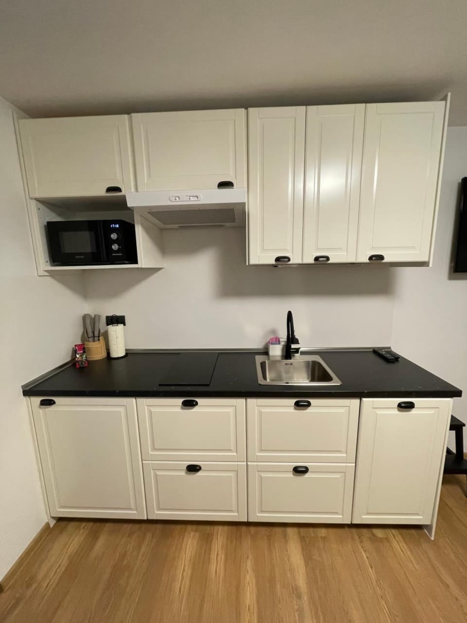 Kitchen or kitchenette, microwave, stove