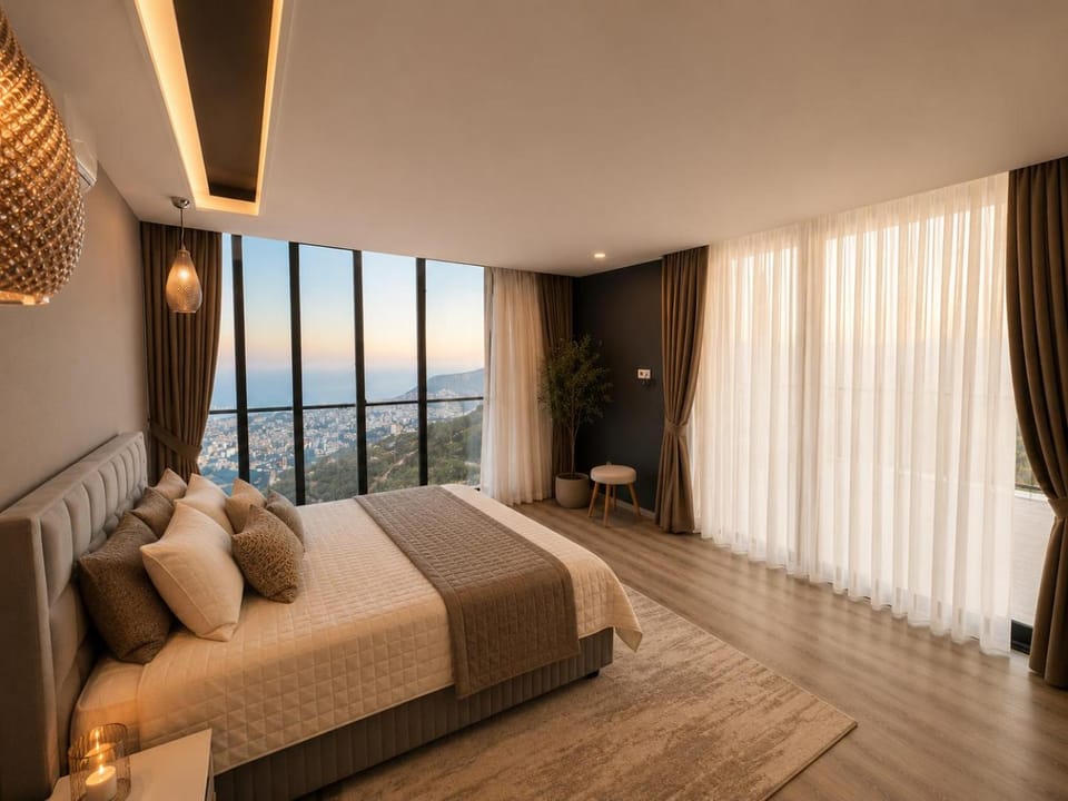 Bed, Natural landscape, Photo of the whole room, Bedroom, Sea view