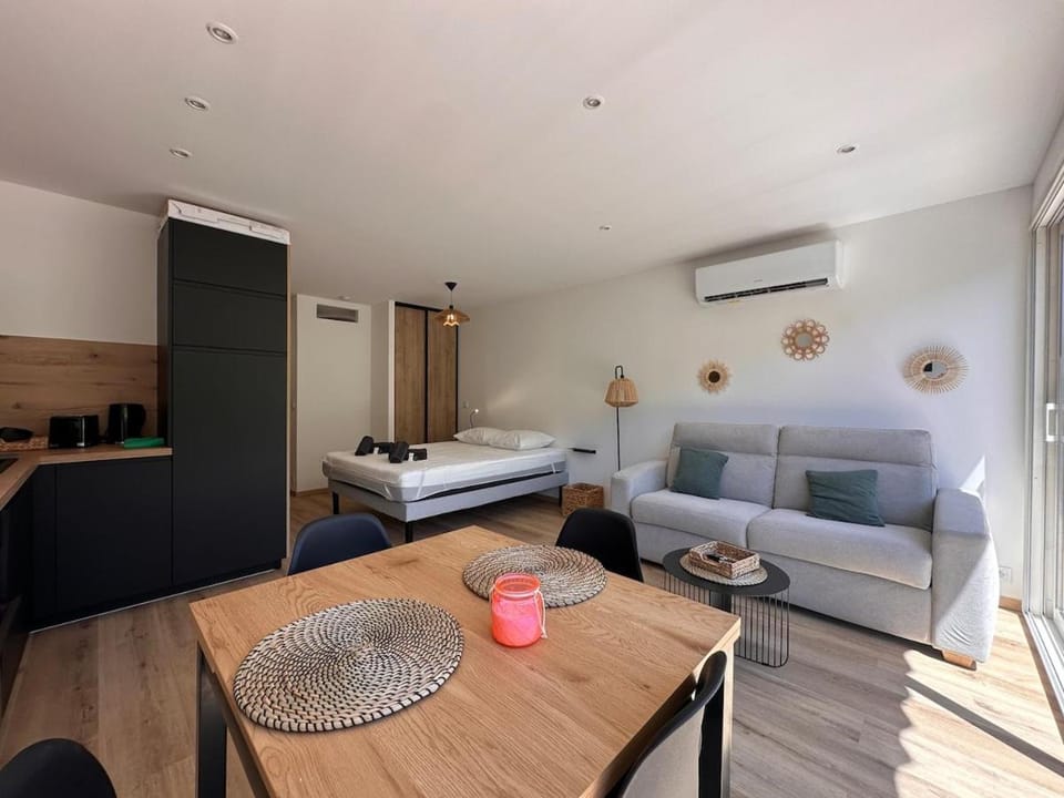 Bed, Kitchen or kitchenette, Living room, air conditioner