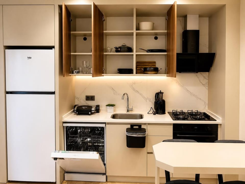 Kitchen or kitchenette, dishwasher, oven, stove, toaster
