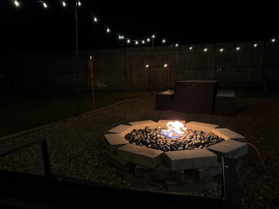 Patio, Night, Garden, Decorative detail, Seating area, fireplace