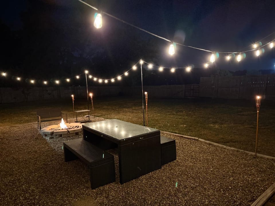 Patio, Night, Garden, Seating area, Dining area