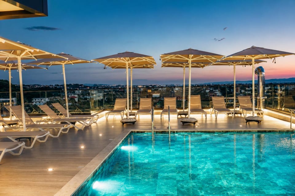 Natural landscape, Pool view, Swimming pool, Sunset, sunbed